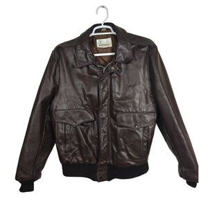 Vintage Gino Leathers Brown Genuine Leather Bomber Flight Jacket Men's 46T USA